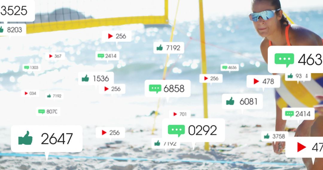Beach Volleyball Player with Social Media Engagement Graphics