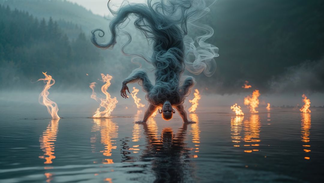 Majestic demonic handstand smoke figure over mystical lake with flaming rings