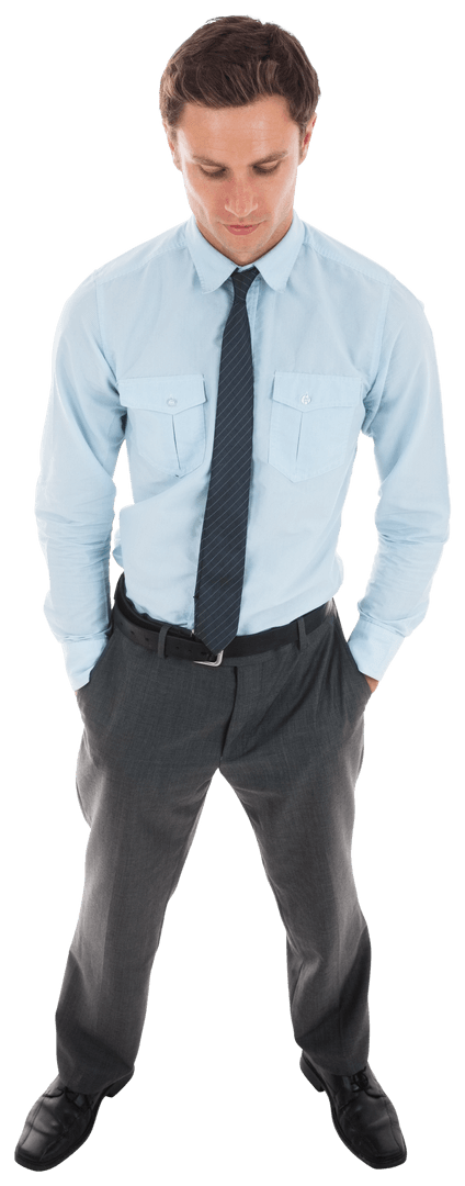 Transparent Businessman with Serious Expression and Hands in Pockets