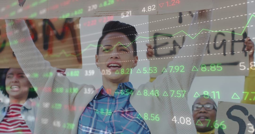 Protesters Superimposed with Stock Market Data Graphs