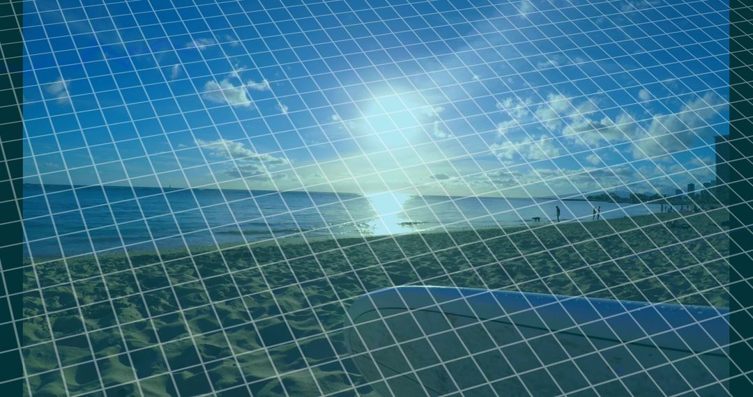 Overlaying Transparent Digital Wireframe Grid on Beach Sunset with Towel and Footprints