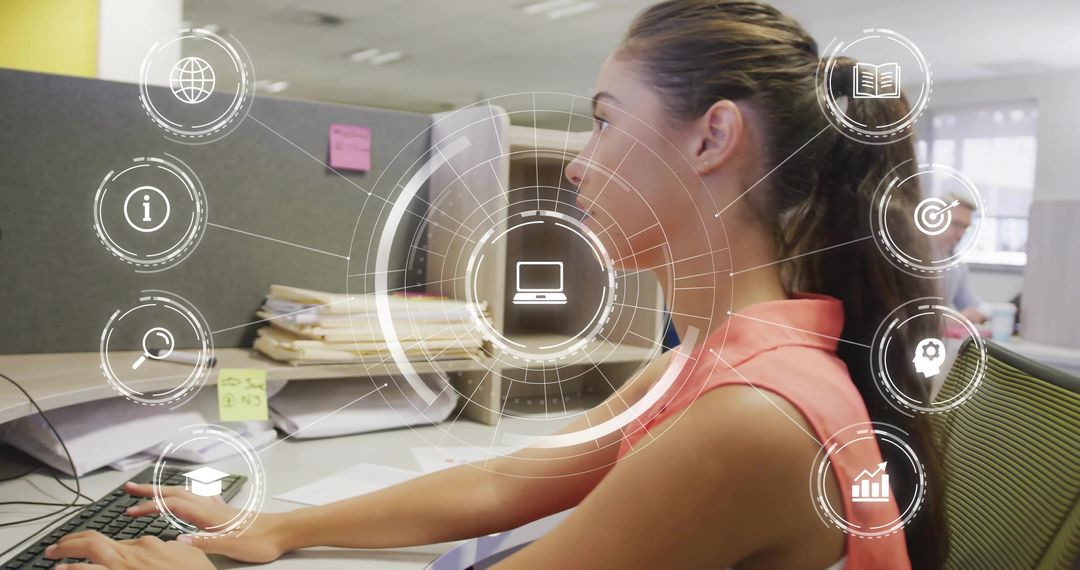Korean woman typing at modern office desk with digital HUD overlay for productivity