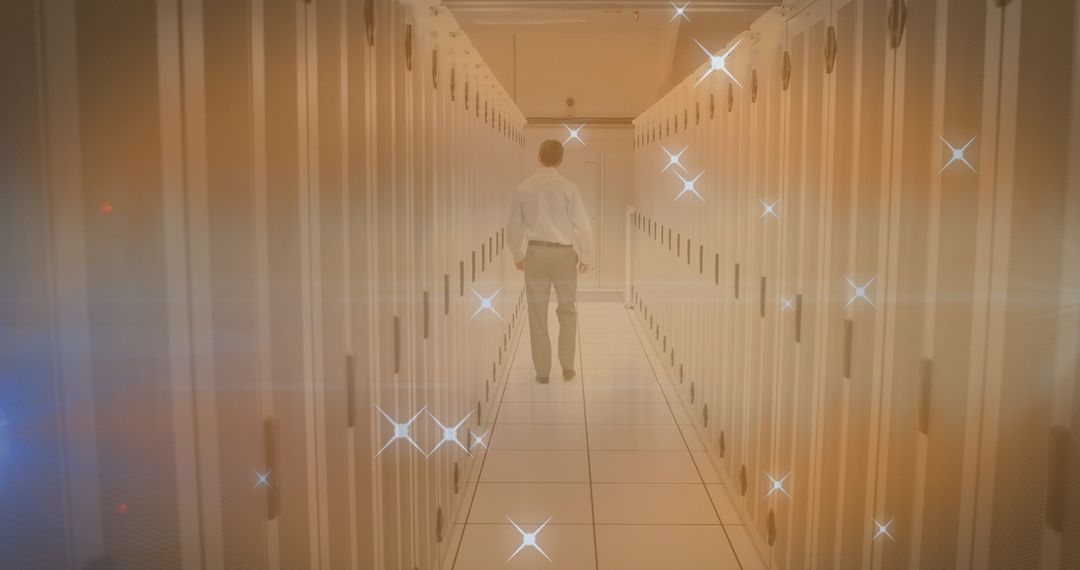 Technician Walking in Server Room Surrounded by Digital Light Effects