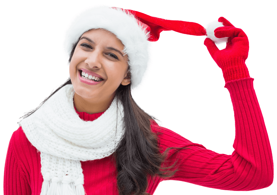 Smiling Woman in Santa Hat on Transparent Background Waving