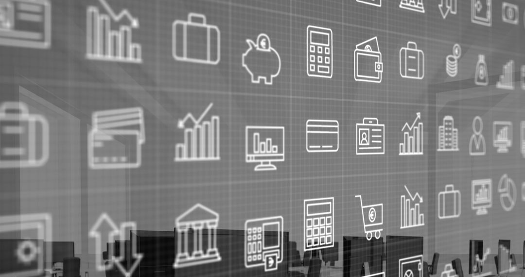 Digital Icons on Grid Network in Empty Office Vector Background