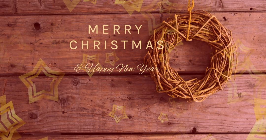Golden Wreath on Rustic Wood with Holiday Greetings
