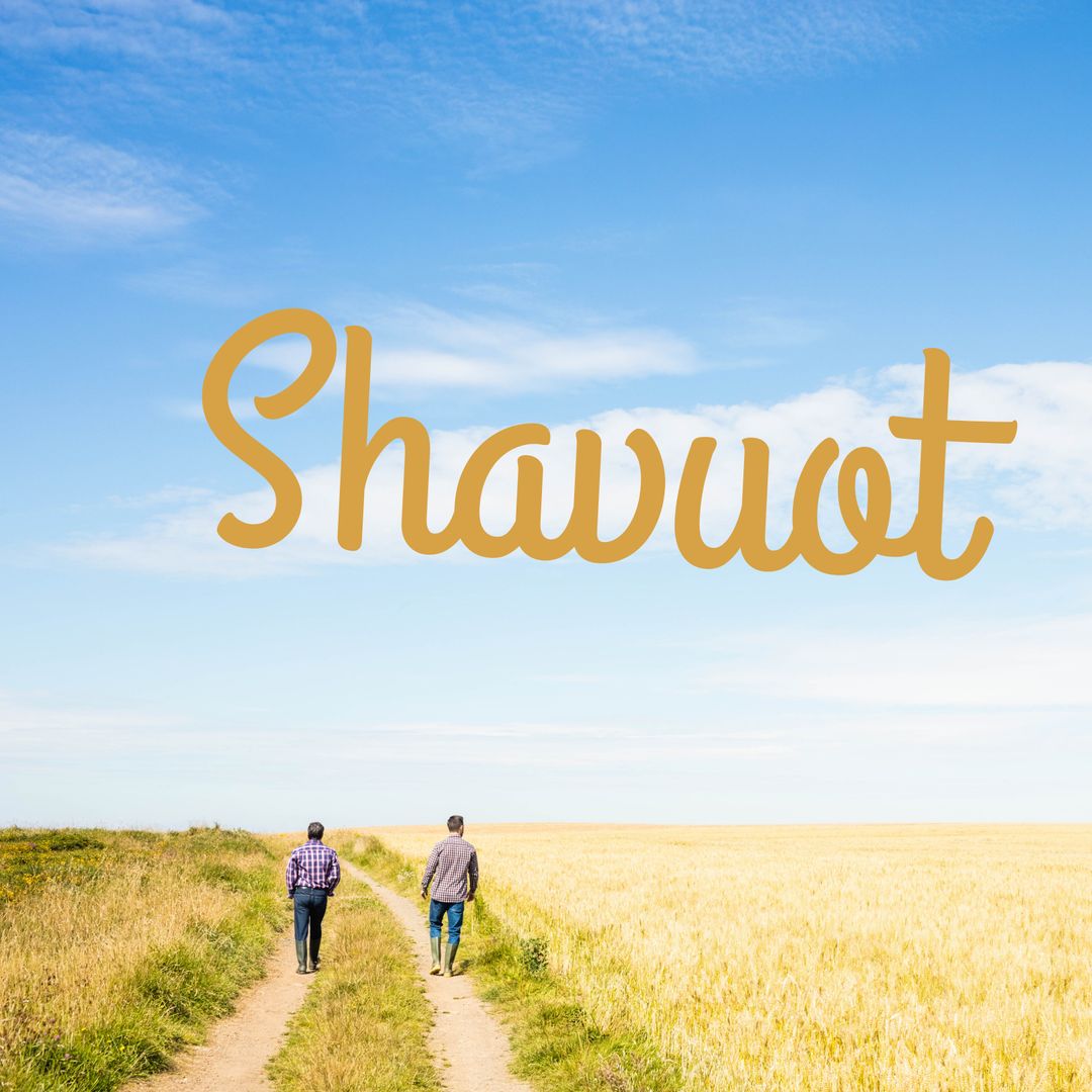 Digital composite image of men walking by wheat field with shavuot text against blue sky - Download Free Stock Templates Pikwizard.com