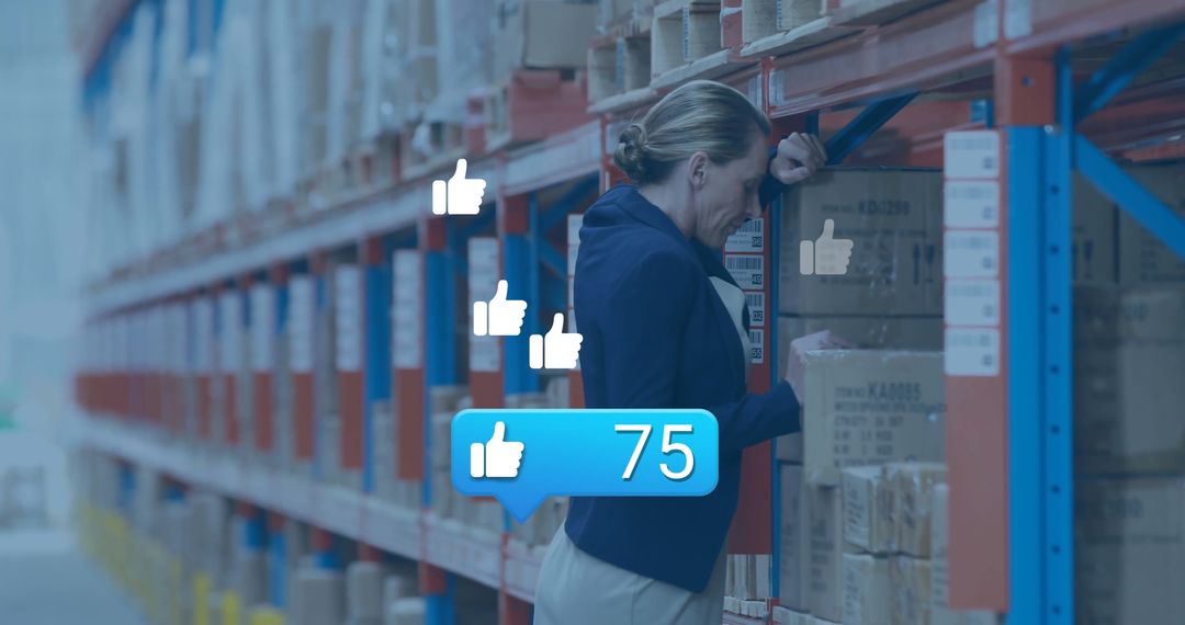 Warehouse Efficiency with Woman Inspecting Inventory and Icon Overlay