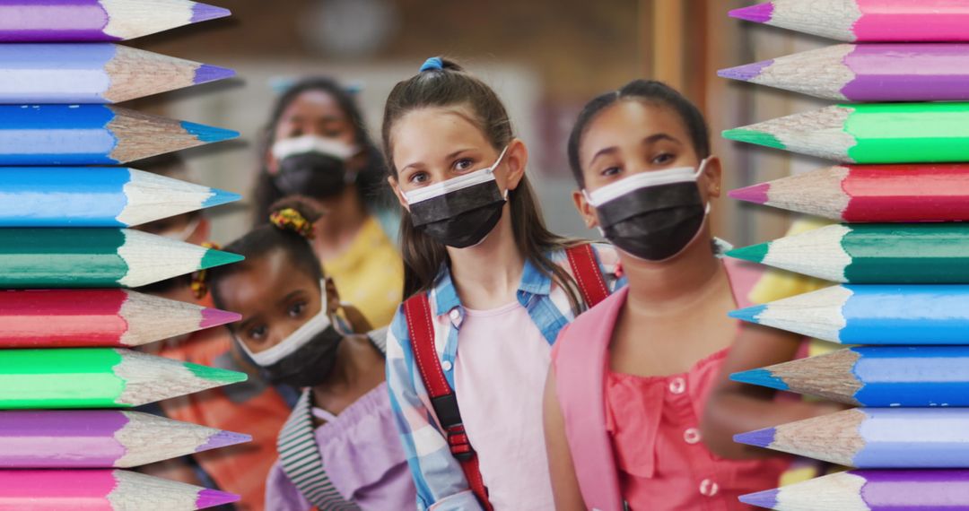 Diverse Children in Masks Framed by Colorful Pencils in School Setting
