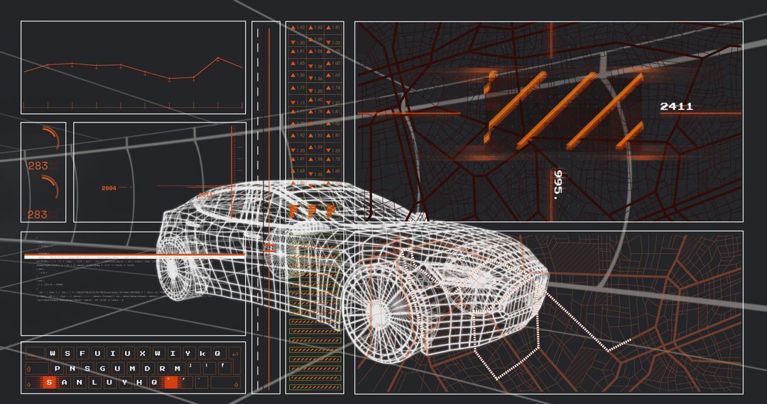 3D Wireframe Sedan in Futuristic Digital Interface Grid
