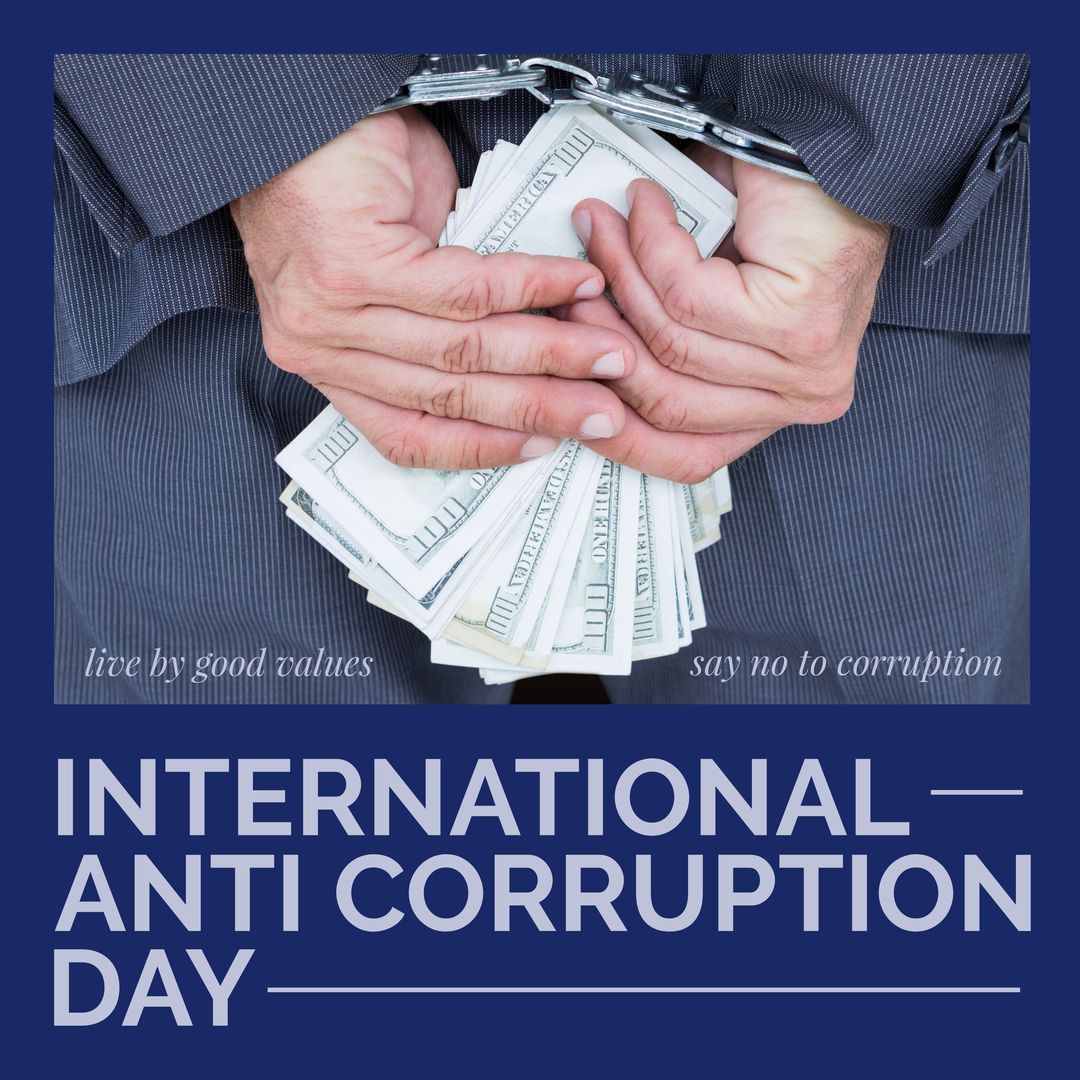 Composite of international anti corruption day text with man handcuffed holding dollar bills - Download Free Stock Templates Pikwizard.com