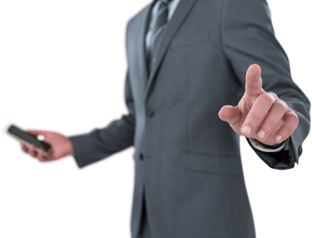 Transparent Businessman Interacting with Futuristic Digital Screen