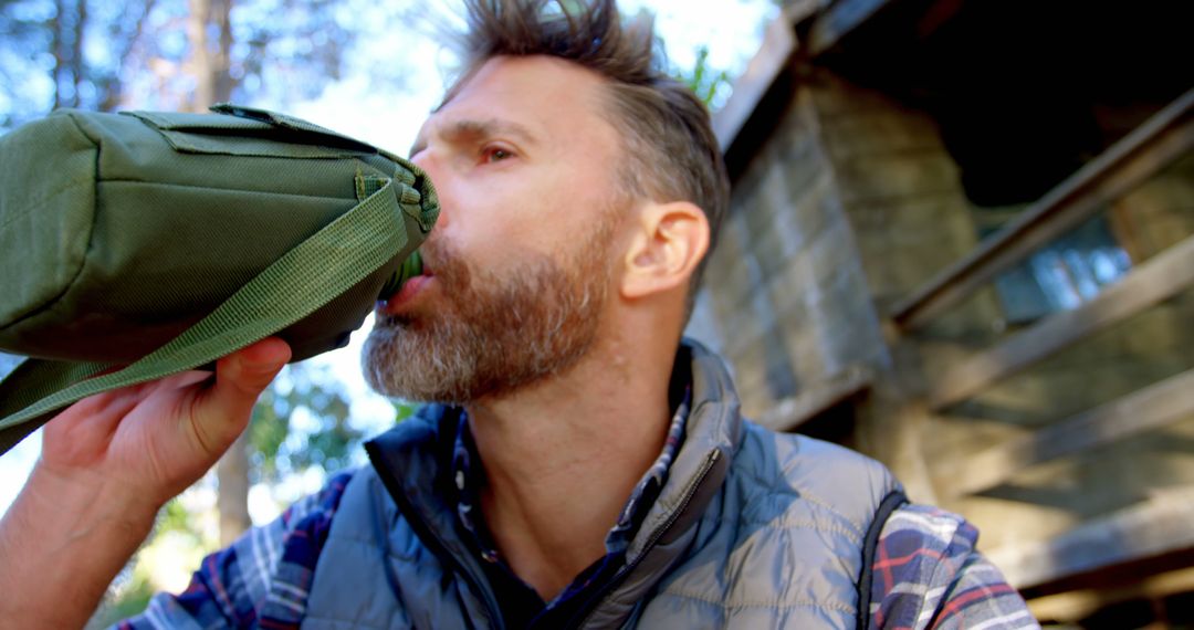 Bearded Man Drinking Water from Canteen in Outdoors - Free Images, Stock Photos and Pictures on Pikwizard.com