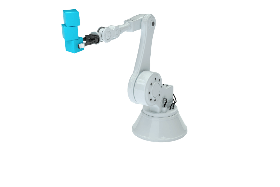 Transparent Robot Arm Grasping Blue Boxes Industrial Automation