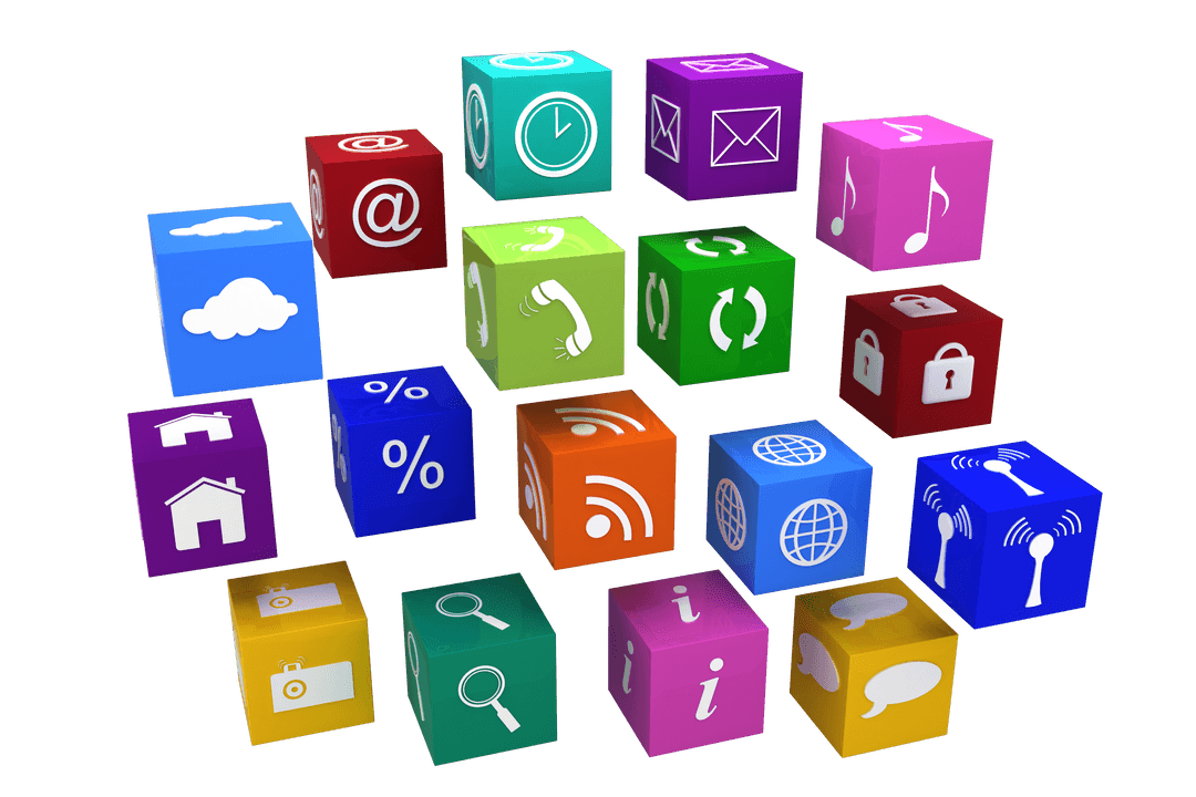 Colorful Blocks with Media Icons on Transparent Background