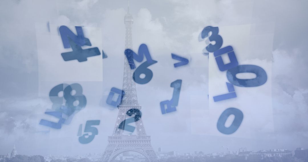 Floating Numbers Over Eiffel Tower with Digital Interface Theme