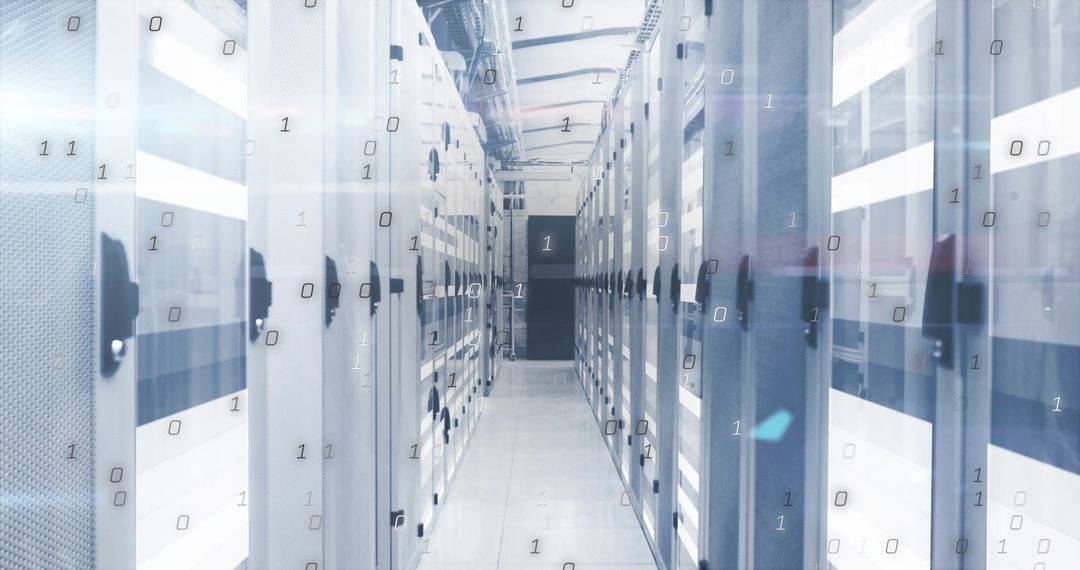 Futuristic Data Center Corridor with Transparent Binary Cloud