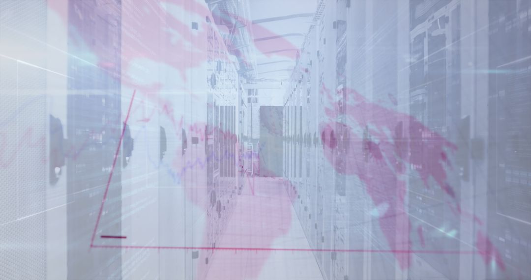 Digital Graphs with Coronavirus Cells Overlay on Server Room