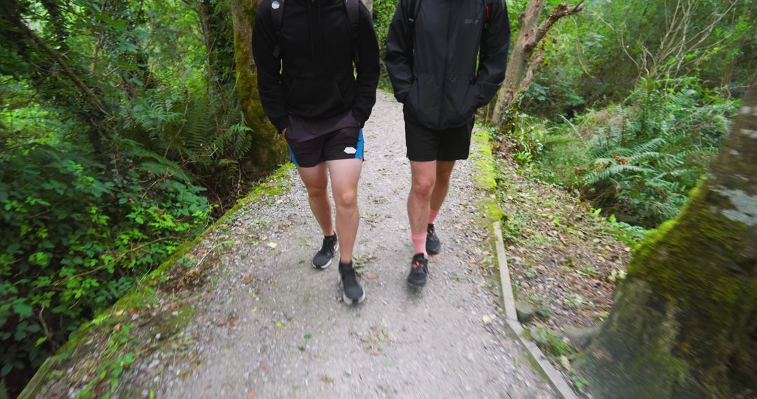 Two Active Individuals Hiking on Forest Path Enjoying Nature