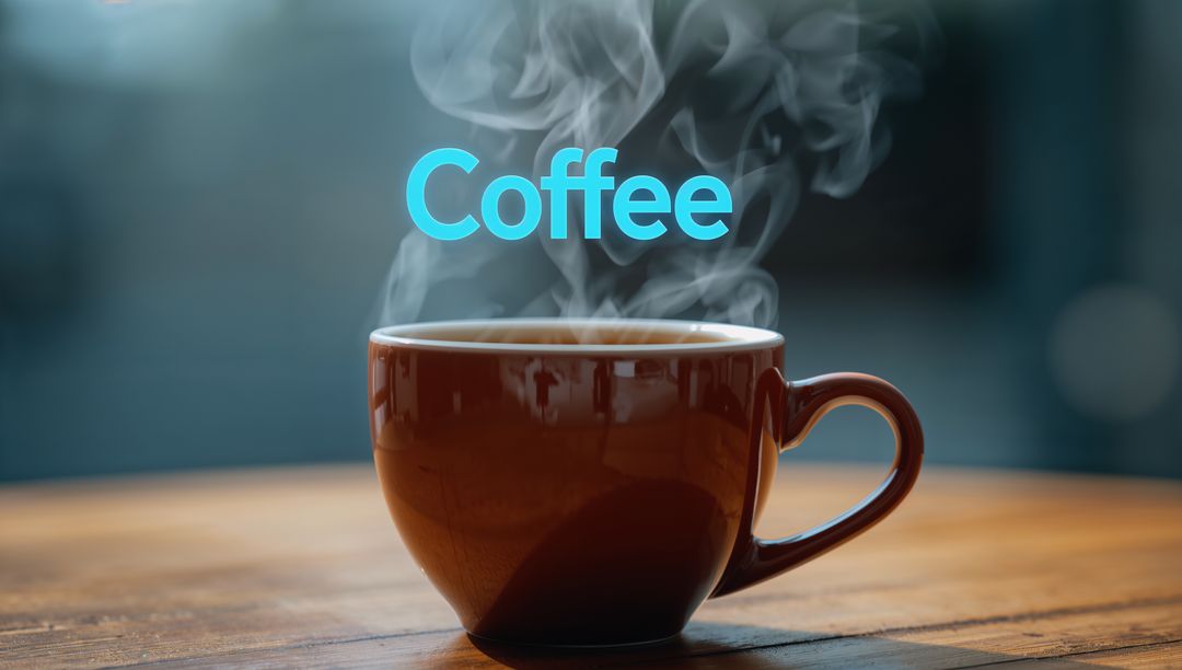 Steaming Brown Coffee Cup on Wooden Table by Window with Blue Coffee Text and Warm Bokeh