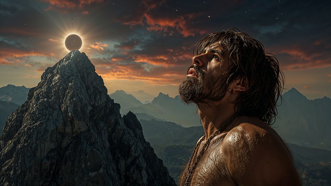 Caveman gazing at a ringed eclipse on mountain peak at dusk