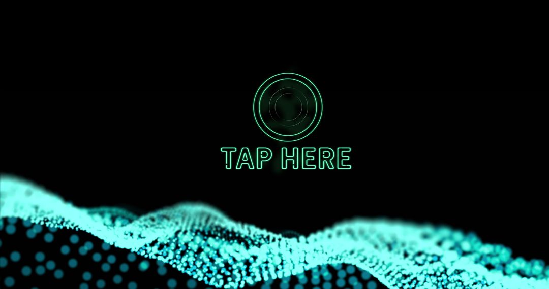 Neon Tap Here Button with Blue Mesh Wave Background