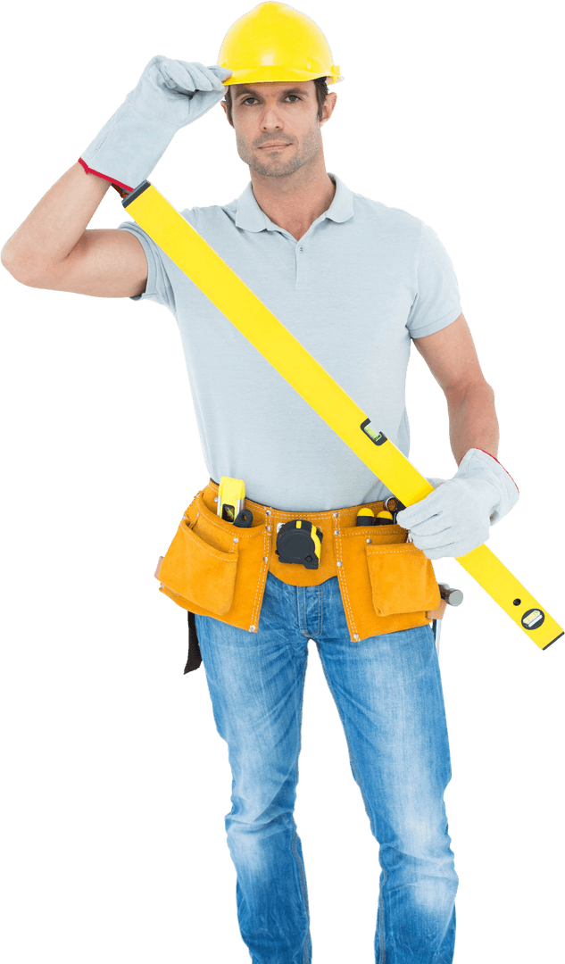 Transparent Portrait of Confident Carpenter with Spirit Level and Tool Belt