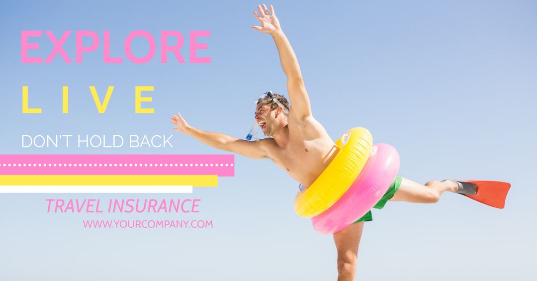 Joyful Traveler Leaping with Swim Rings on Beach