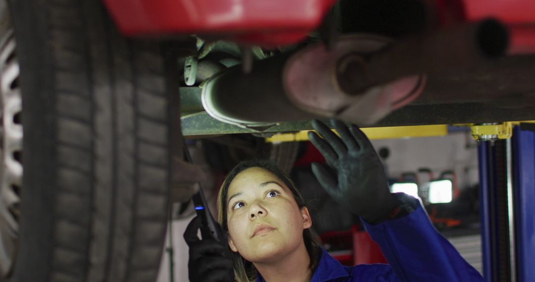 Female Auto Mechanic Examining Car Exhaust System in Garage - Free Images, Stock Photos and Pictures on Pikwizard.com