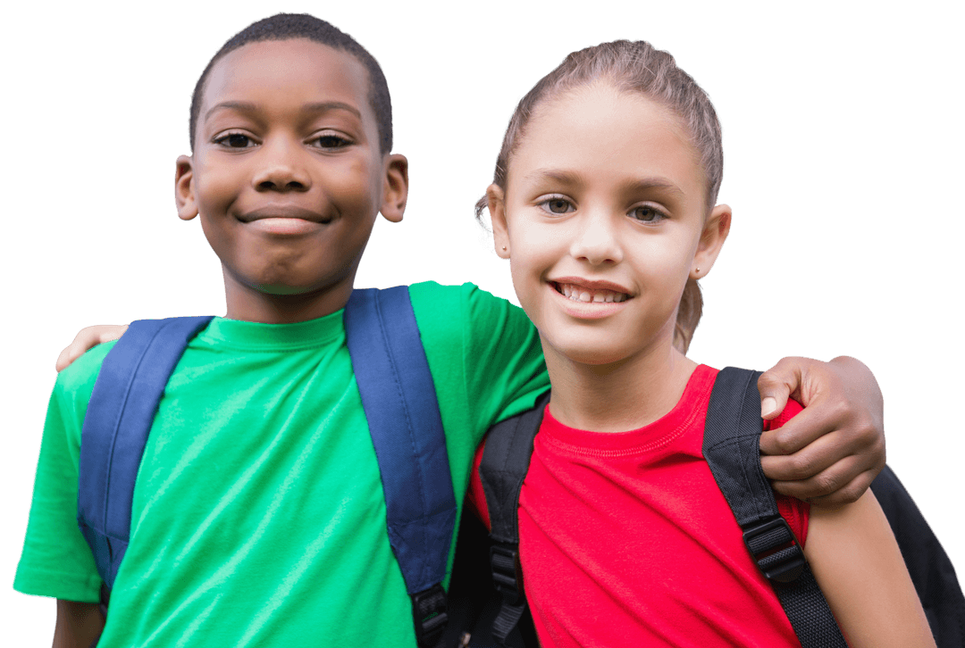 Diverse Schoolchildren Embracing on Transparent Background