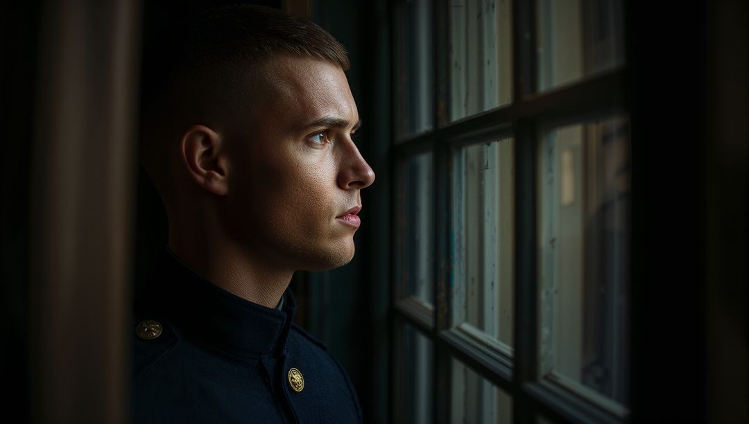 Introspective Soldier Staring Through Barracks Window Contemplatively