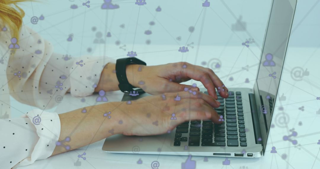 Businesswoman Typing on Laptop with Digital Networking Icons Display