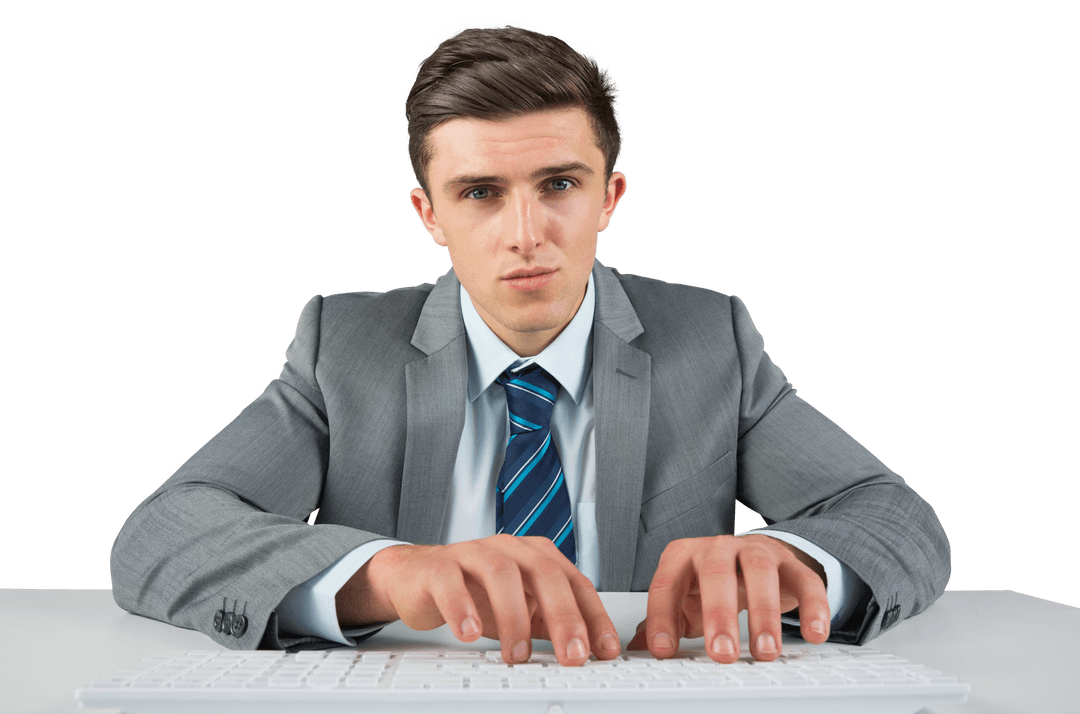 Caucasian Businessman Uses Computer Transparent Background