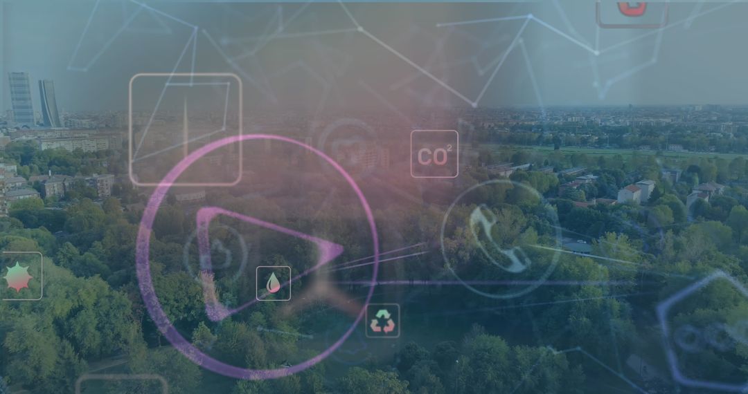 Digital Overlay of Technology Icons on Urban Cityscape