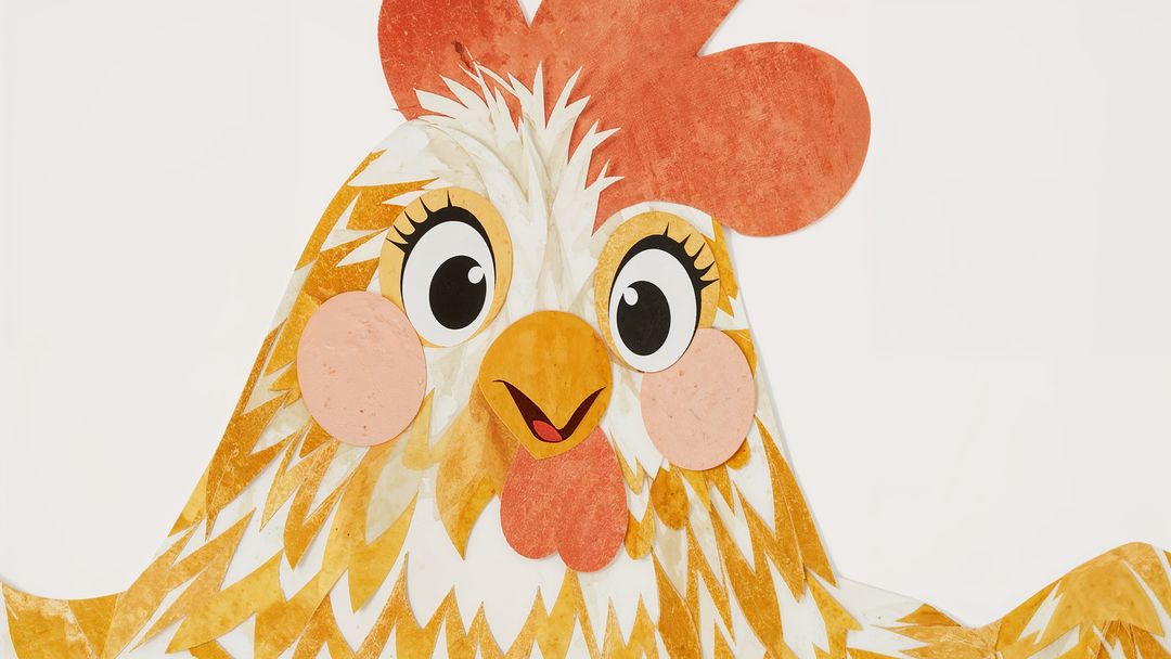 Charming Hen Illustration with Playful Expression in Cut-Out Style