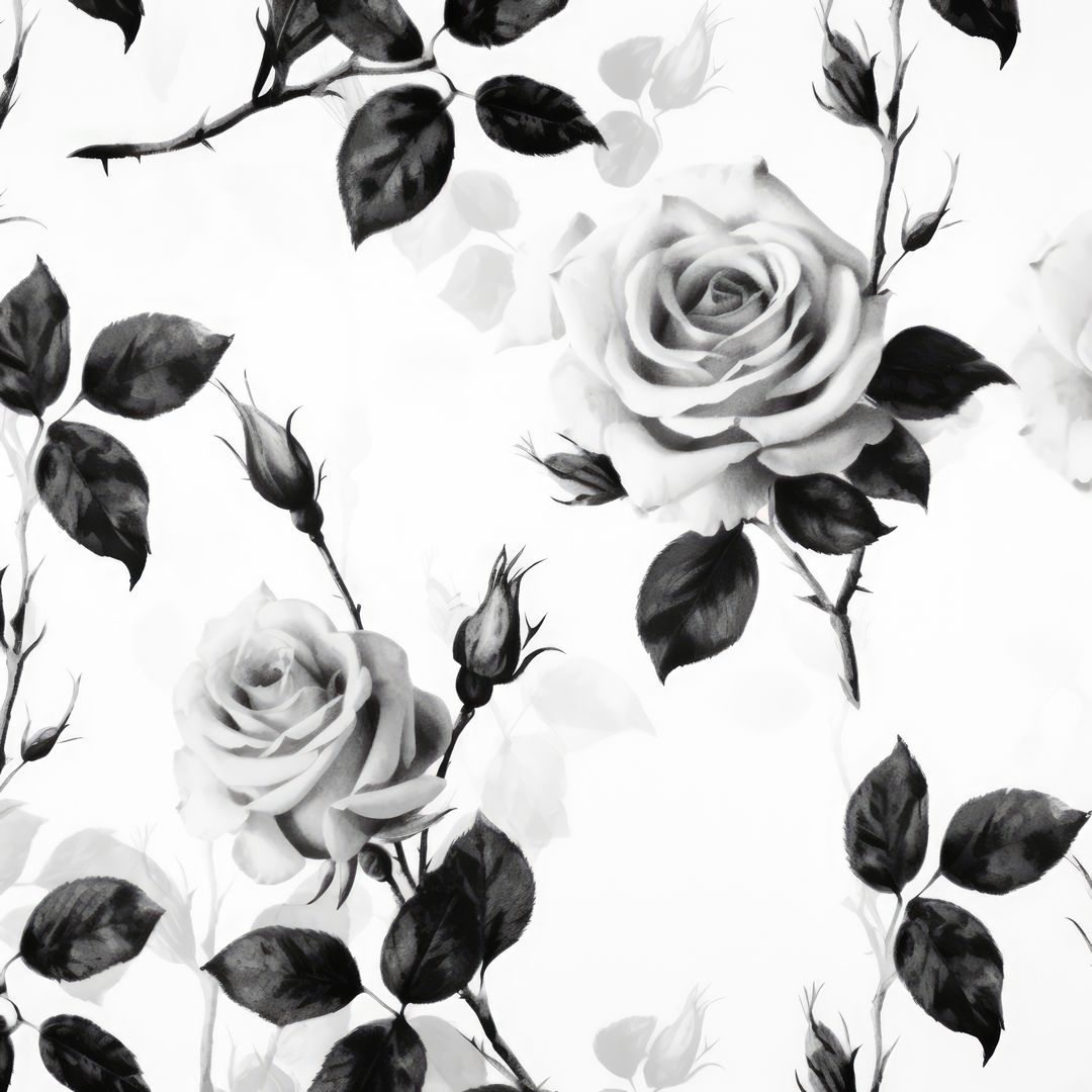 Elegant Black and White Rose Pattern with Thorns and Foliage - Free Images, Stock Photos and Pictures on Pikwizard.com