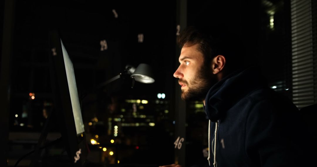 Focused Developer with Digital Numbers Overlay at Night