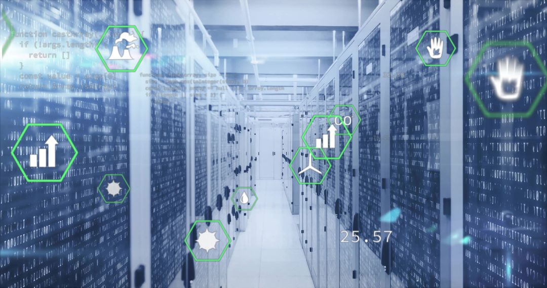 Cutting-edge Technology in a Data Center with Digital Connectivity Icons