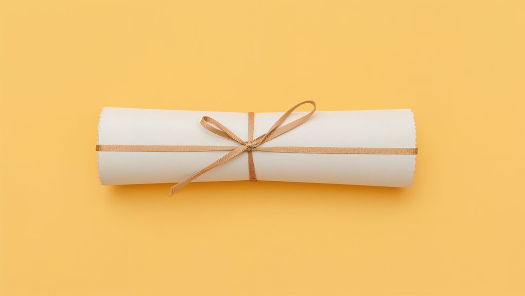 Rolled Parchment Scroll with Bow on Yellow Background