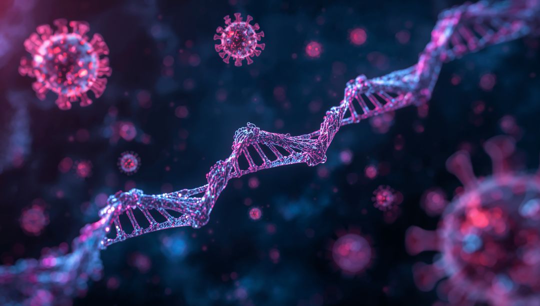 3D Illustration of DNA Helix with Virus Particles in Futuristic Environment
