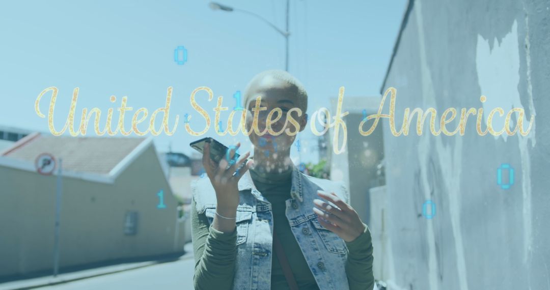 Woman Walking and Using Smartphone with Binary Overlay in Urban Setting