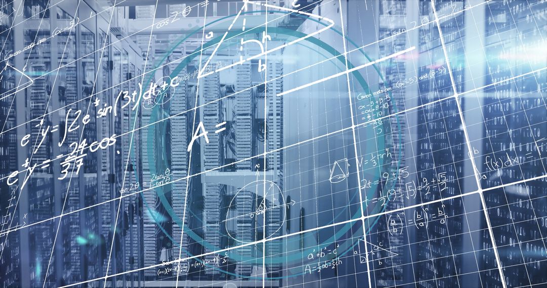 Futuristic Data Center With Equations and Cloud Icon Overlay