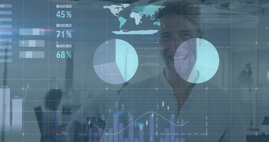 Smiling professional collaborating in modern open office with data analytics visualization overlay