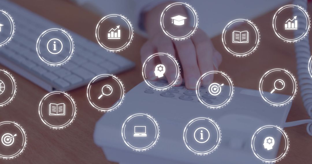 Digital Communication Concept with Icons Over Retro Telephone and Keyboard