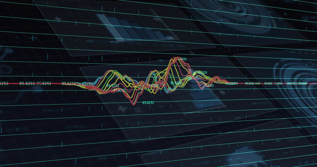 Futuristic Data Visualization with Teal Grid Interface and Waveform Lines