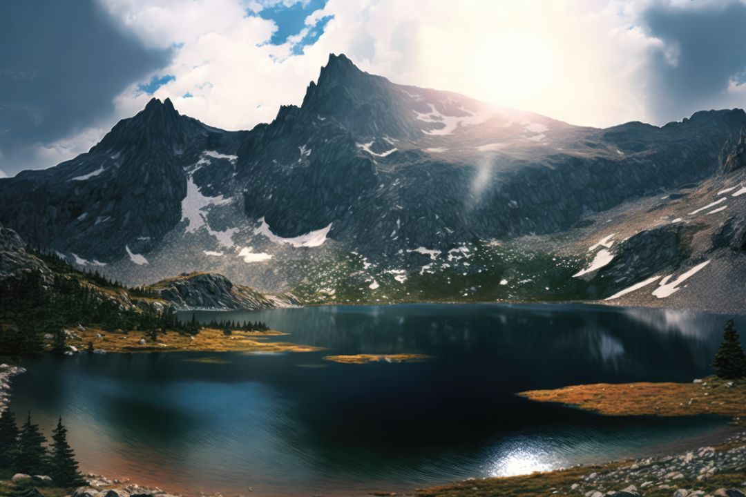 Scenic Mountain Lake with Sunlight Breaking Through Rocky Peaks - Free Images, Stock Photos and Pictures on Pikwizard.com
