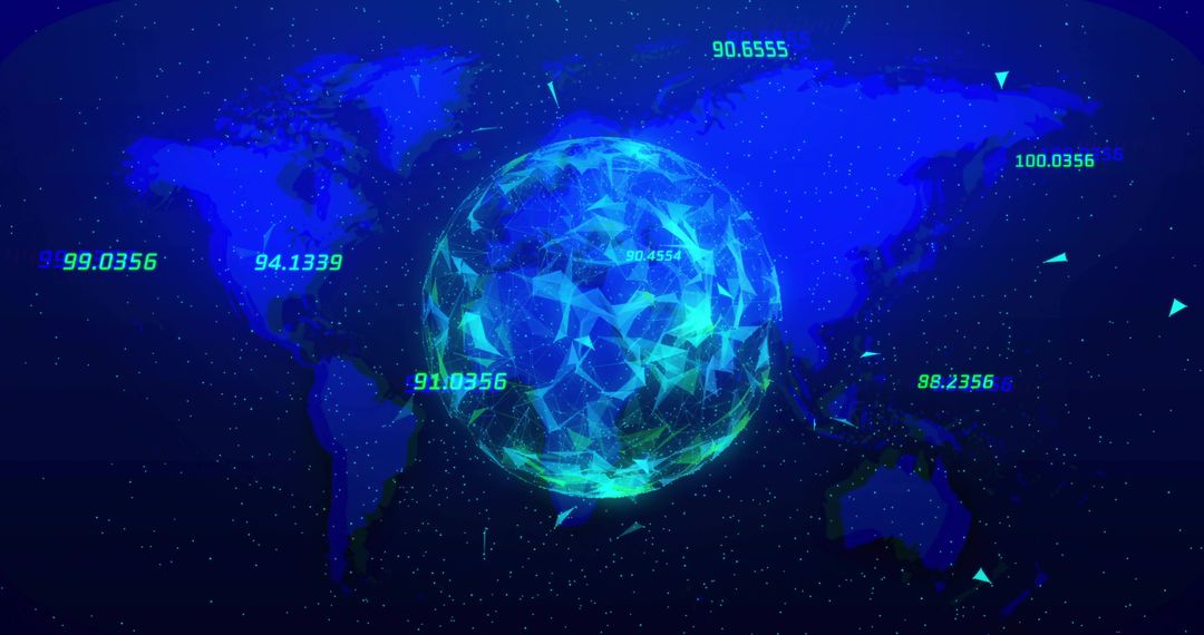 Rotating polygonal data globe over world map with neon analytics dashboard visualization