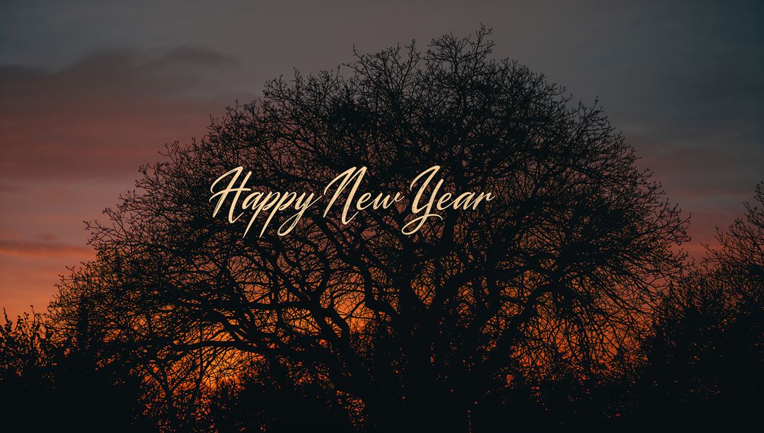 Happy New Year Script Over Dramatic Bare Tree Silhouette at Orange Twilight for Holiday Greeting