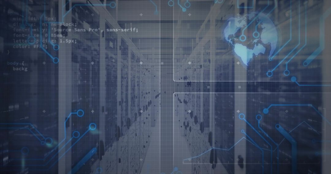 Futuristic Data Center with Code Overlay and Digital Globe