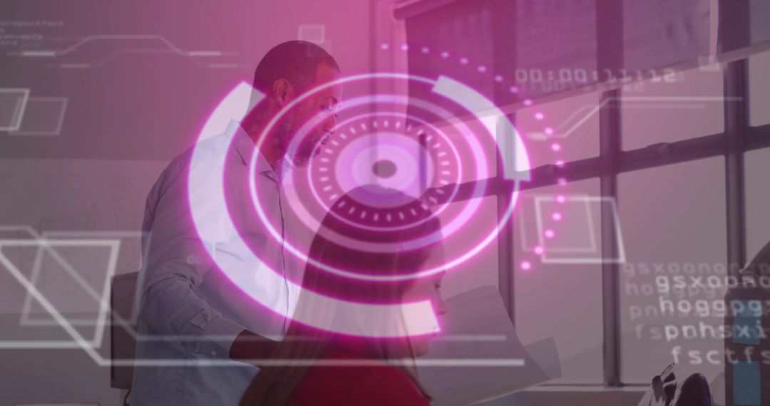 Business Professional Presenting Data Overlaid with Futuristic Graphics